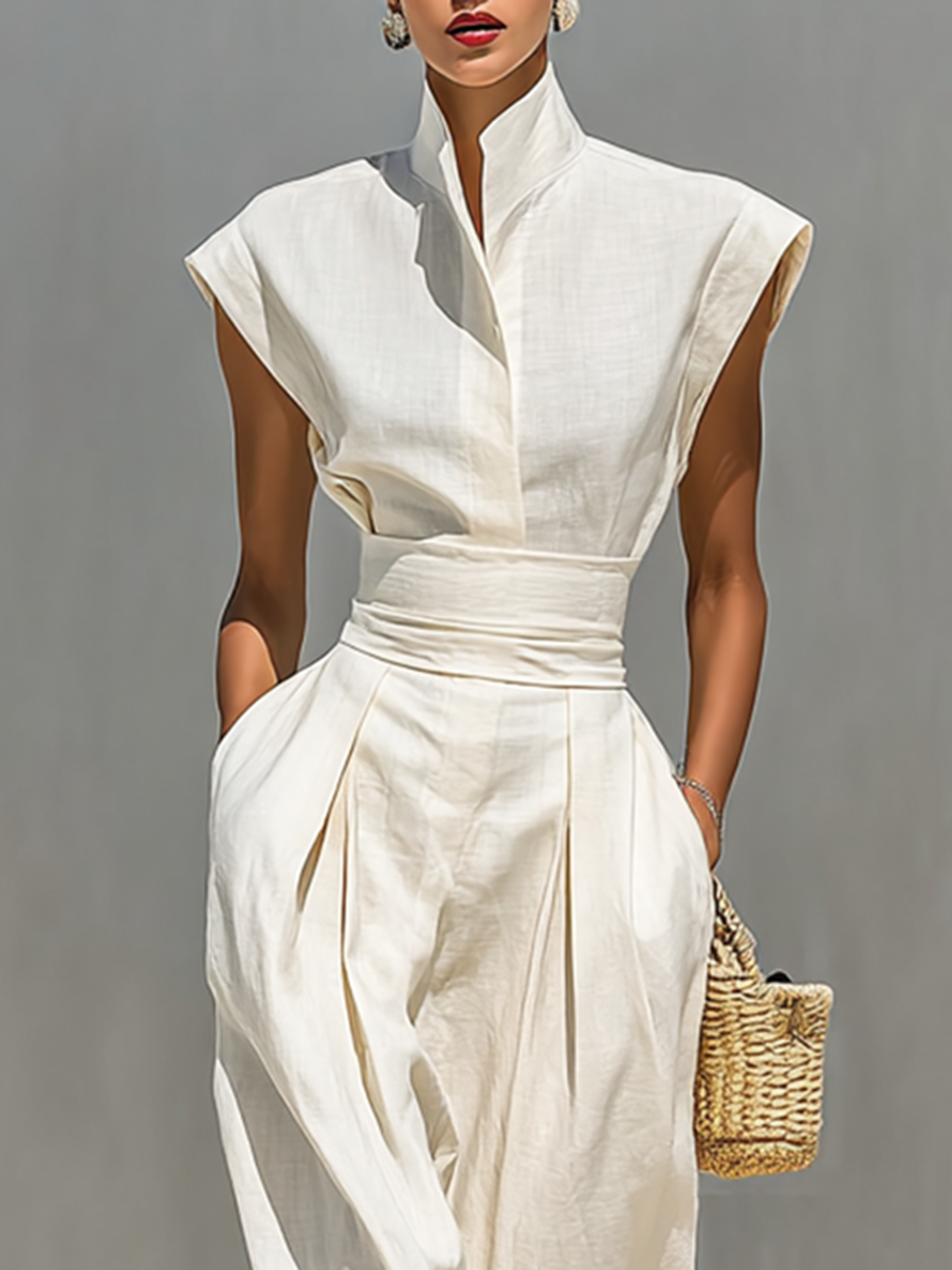 Cotton Lapel Cap-Sleeve Waist Maxi Dress