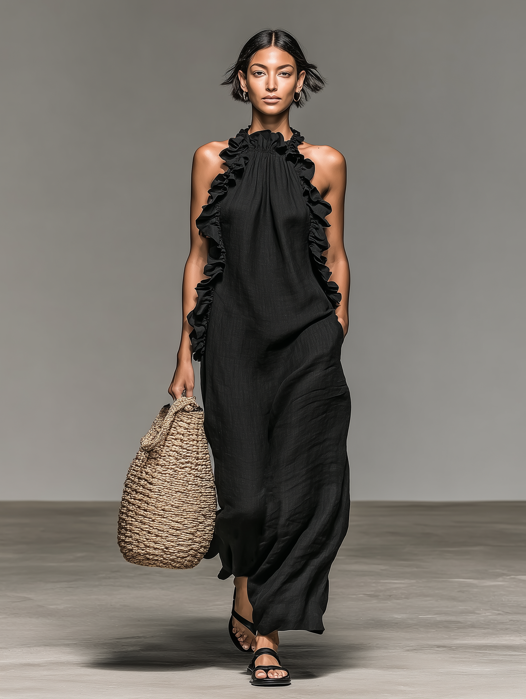 Robe longue sans manches en lin mélangé avec détails volantés