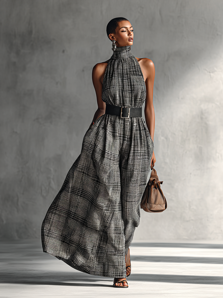 Plaid High-Collar Sleeveless Belted Maxi Dress