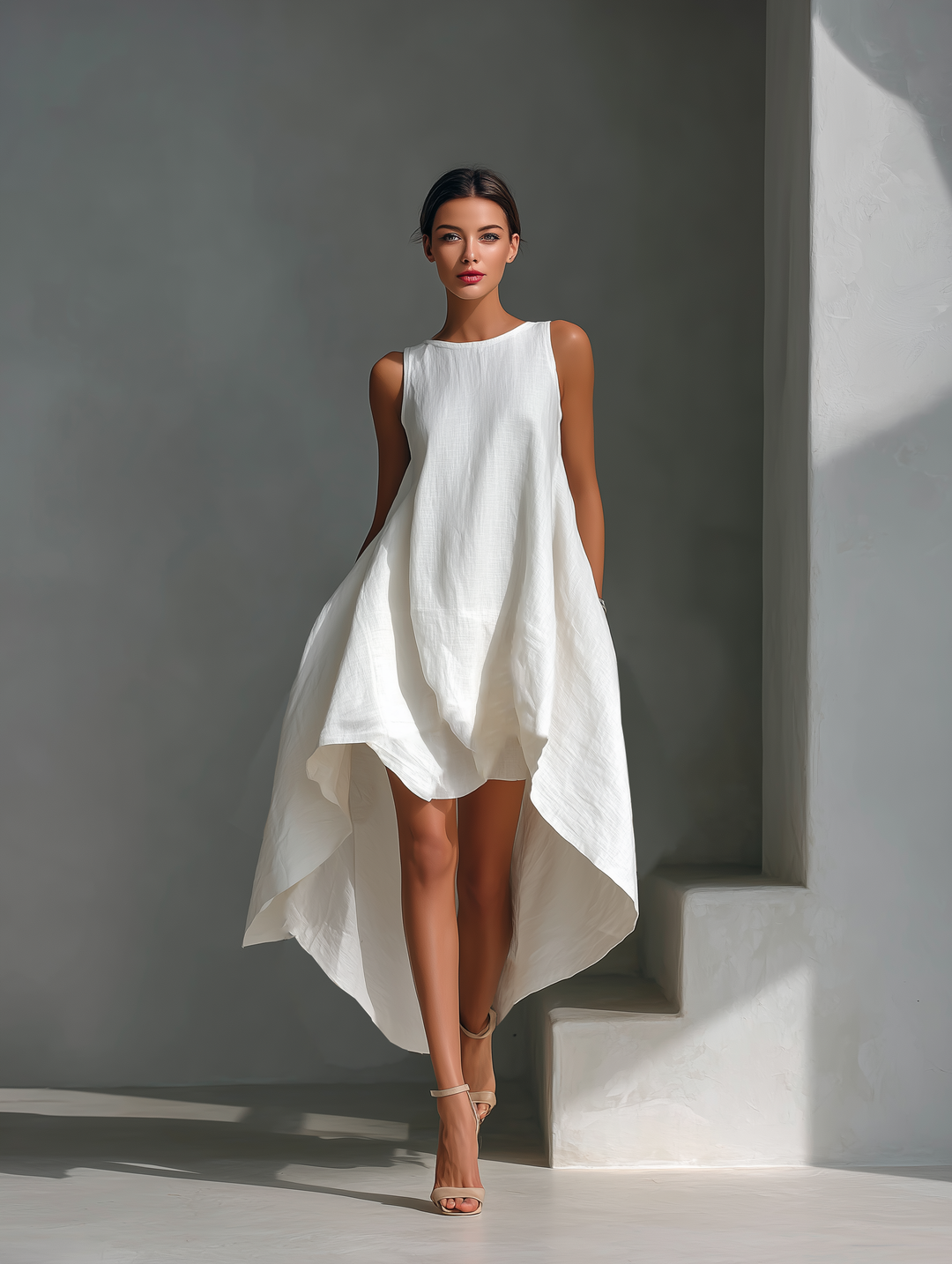 White Linen Sleeveless Midi Dress with Round Neck & Asymmetric Hem
