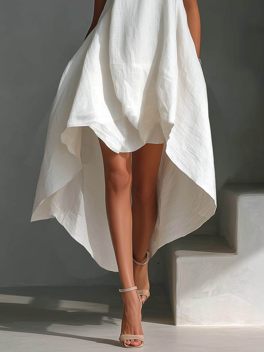 White Linen Sleeveless Midi Dress with Round Neck & Asymmetric Hem