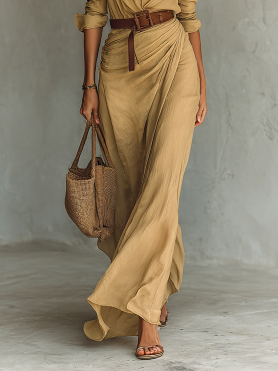 Lapel Single-Breasted Long-Sleeve Belted Maxi Dress