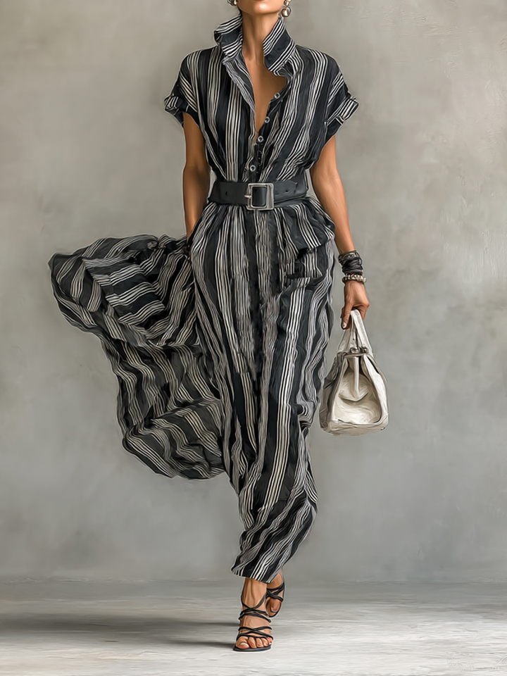Chiffon Striped Printed Lapel Short-Sleeve Belted Maxi Dress