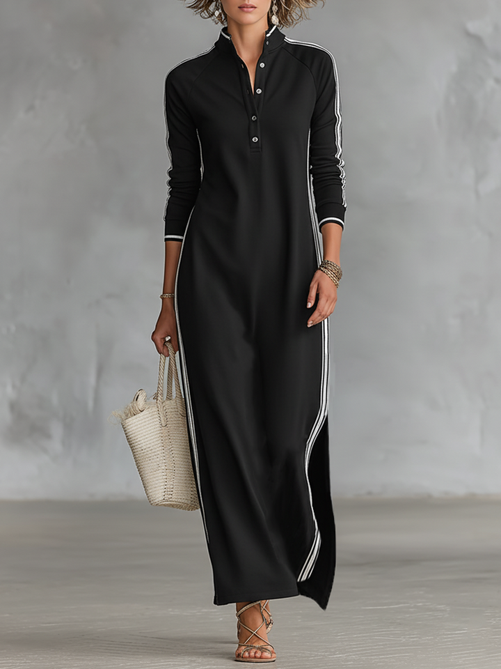 Robe longue sweatshirt à col boutonné et liseré blanc