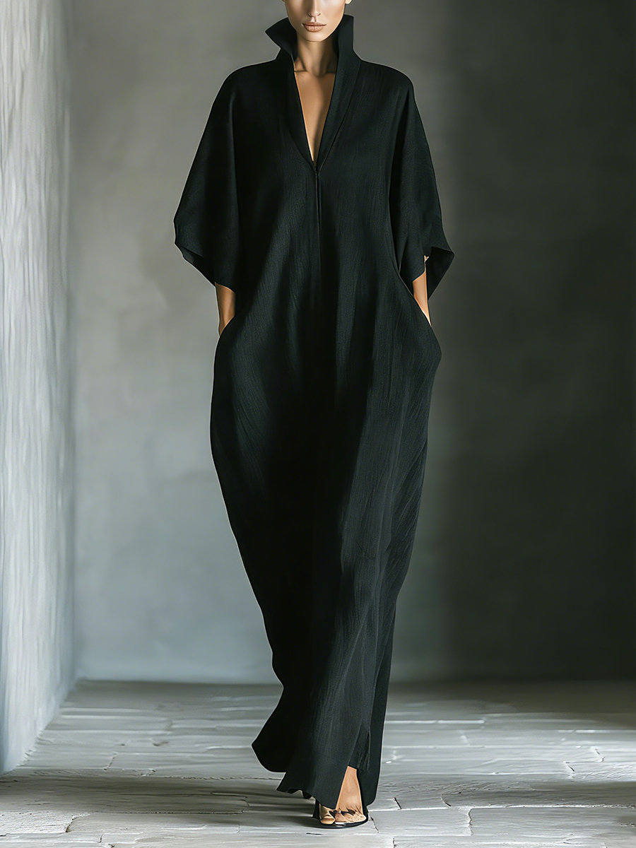 Black Cotton-Blend Oversized Kimono-Sleeve Maxi Dress with Pockets