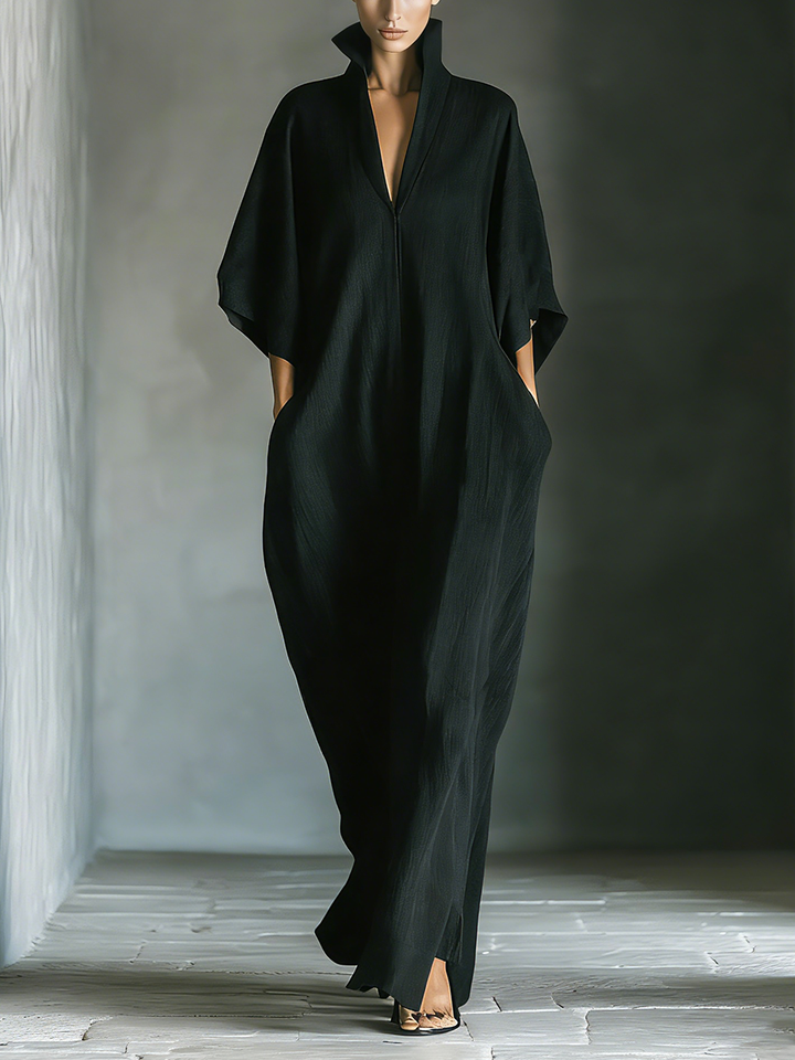 Black Cotton-Blend Oversized Kimono-Sleeve Maxi Dress with Pockets