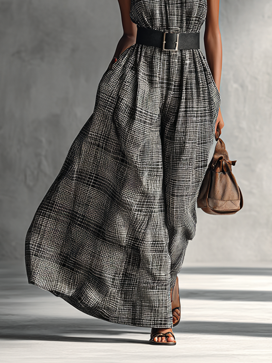 Plaid High-Collar Sleeveless Belted Maxi Dress