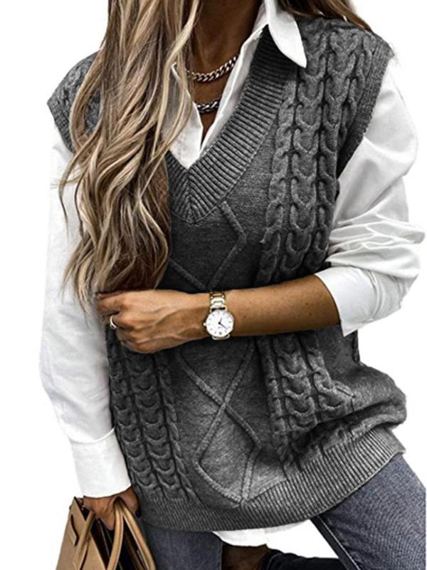 HANNAH™ - Gilet en maille texturée à col en V, style preppy, idéal pour la superposition automne-hiver