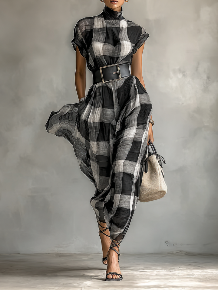 Plaid Cotton-Blend High-Collar Short-Sleeve Belted Maxi Dress