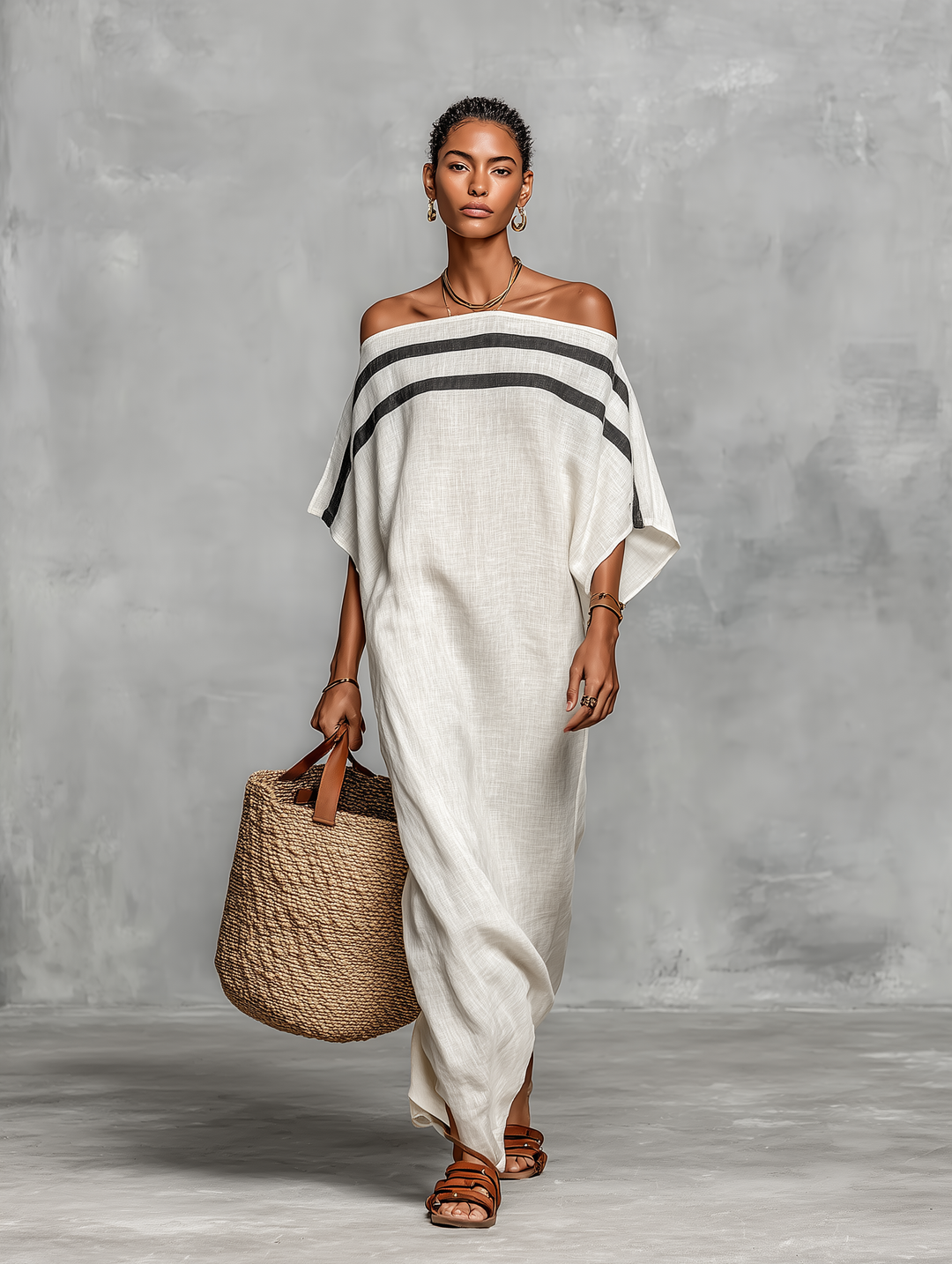 Linen-Blend Off-the-Shoulder Batwing Sleeve Maxi Dress