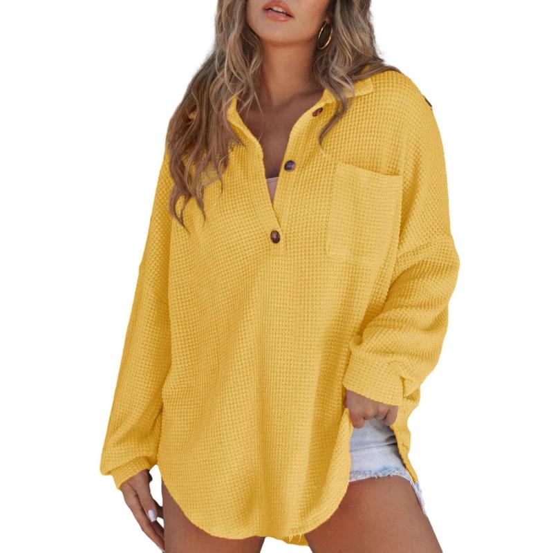 RHANNON™ - Pull décontracté oversize à manches longues et col en V gaufré