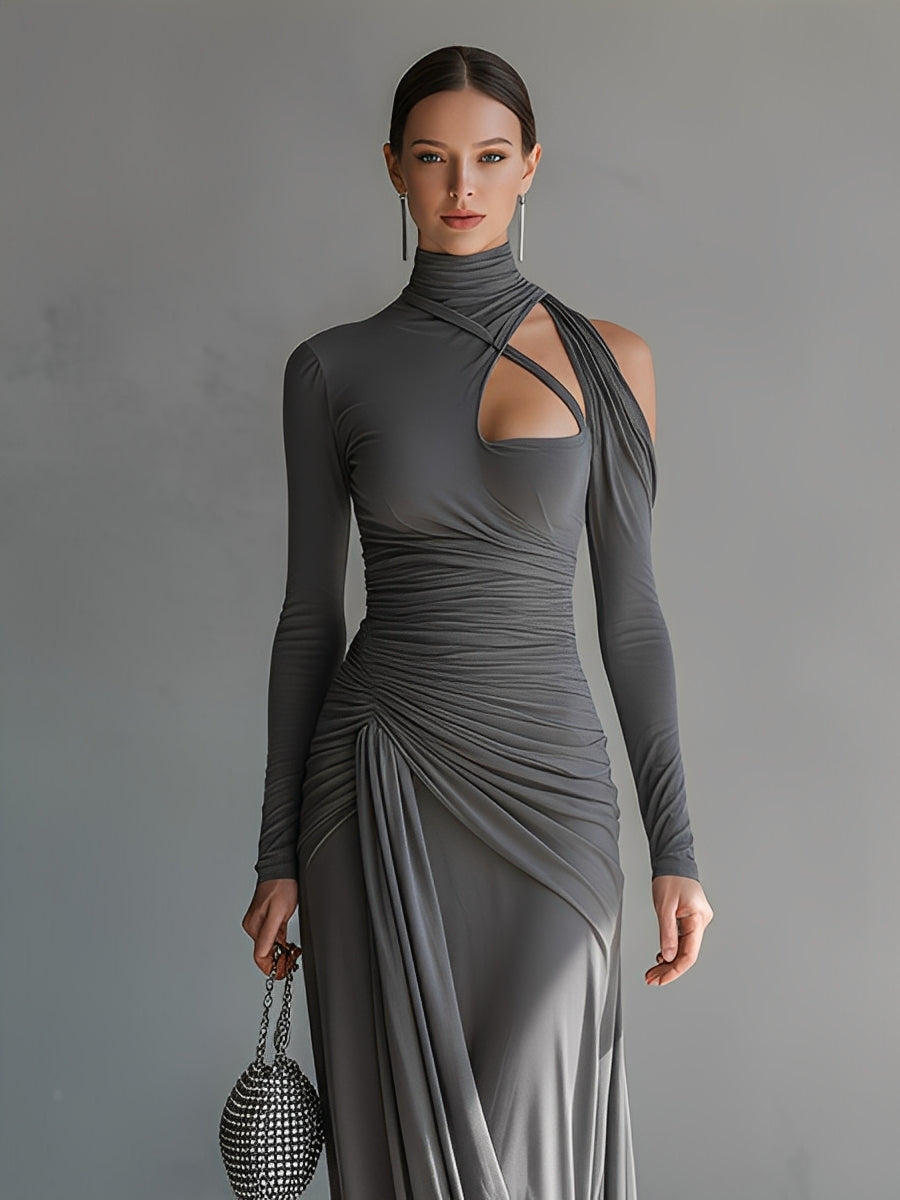 Grey Silky Stretch Ruched Cut-Out Maxi Dress