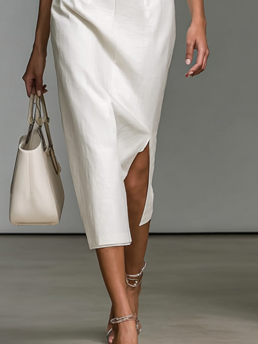 Robe mi-longue à col en V, brodée, à manches courtes et taille ajustée pour femme MDA0535G0Y