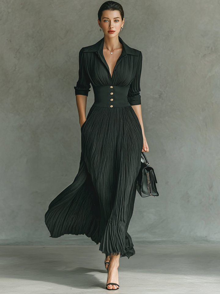 Solid Color Pleated Lapel Waist Long-Sleeve Maxi Dress