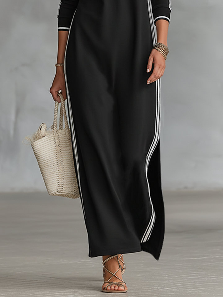 Robe longue sweatshirt à col boutonné et liseré blanc