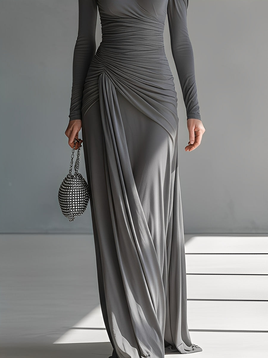 Grey Silky Stretch Ruched Cut-Out Maxi Dress