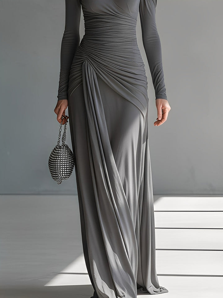 Grey Silky Stretch Ruched Cut-Out Maxi Dress