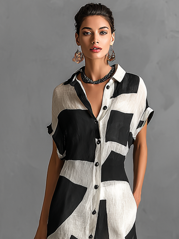 Cotton-Linen Blend Geometric Print Maxi Shirt Dress – Short Sleeve, Lapel Collar, Single-Breasted