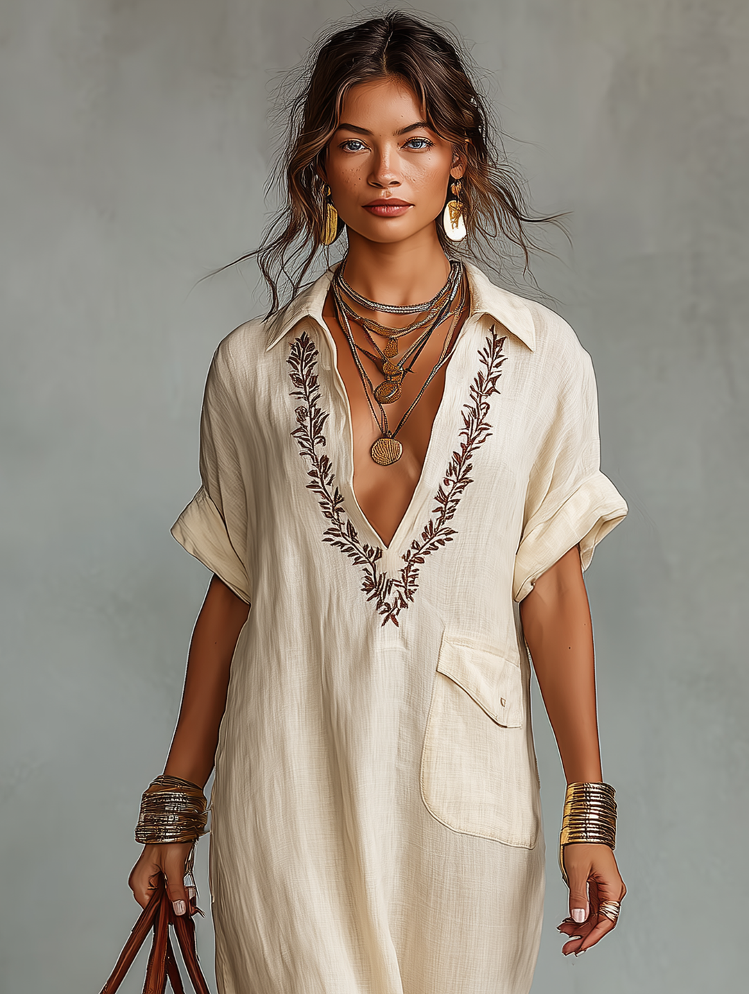 Linen-Blend Embroidered Short-Sleeve Shirt Maxi Dress