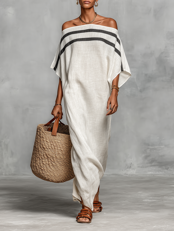 Linen-Blend Off-the-Shoulder Batwing Sleeve Maxi Dress