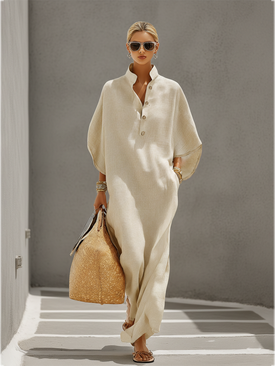 Robe en lin couleur avoine avec col mandarin et manches chauve-souris