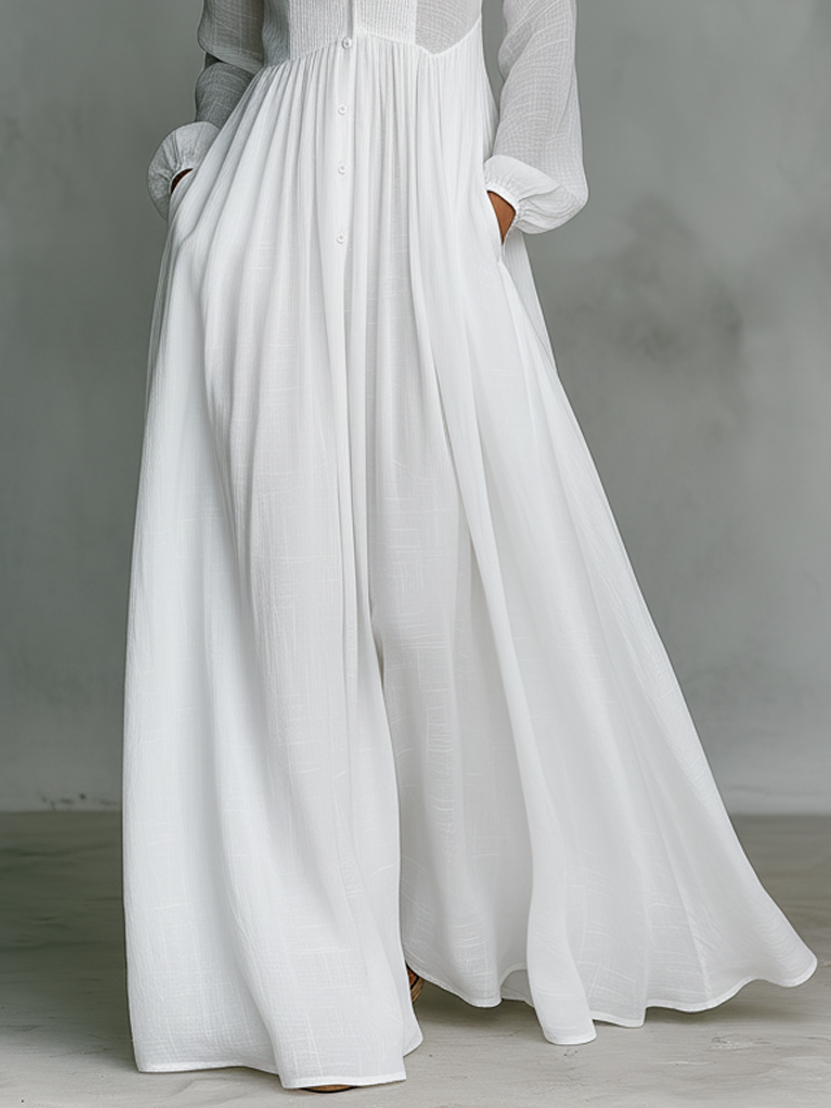 Robe longue en patchwork coton-lin, col montant et manches longues à boutonnage simple