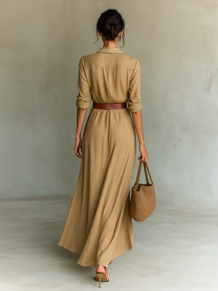 Lapel Single-Breasted Long-Sleeve Belted Maxi Dress