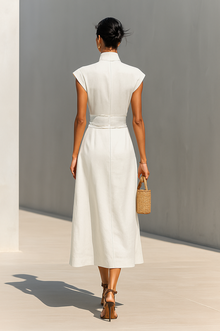 Cotton Lapel Cap-Sleeve Waist Maxi Dress