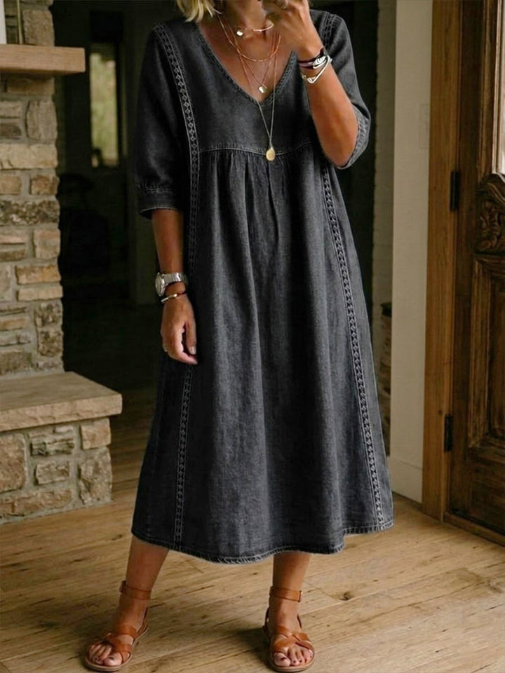 Women’s Vintage Denim Look Dress with Lace Trim