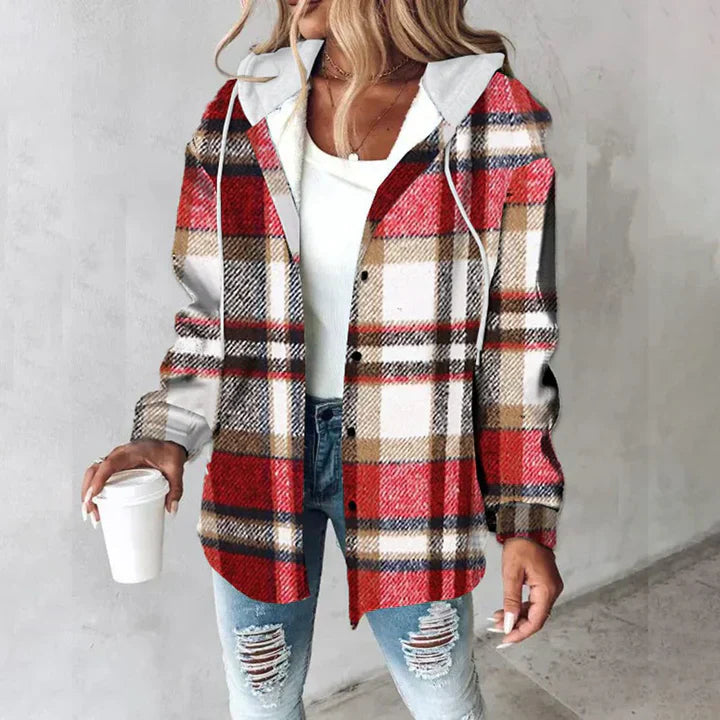 PAIGE™ - Veste à capuche boutonnée à carreaux chic, manches longues